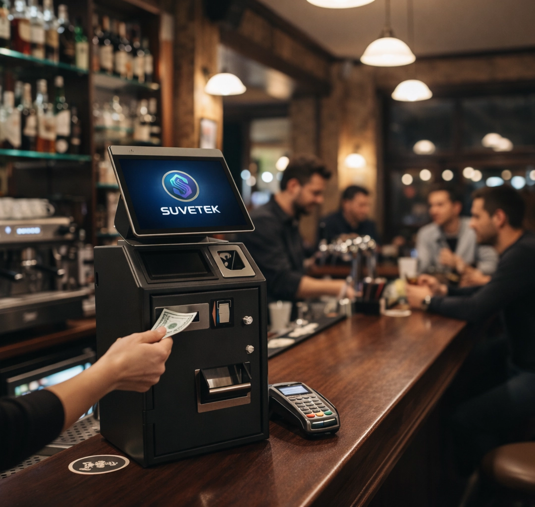 cajón inteligente de cobro automático en bar o restaurante y persona metiendo dinero en el 