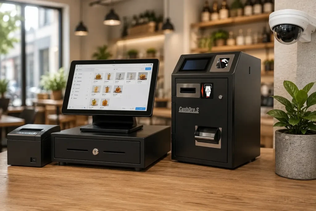 TPV con cajón inteligente CashDro y cámara de videovigilancia en bar moderno