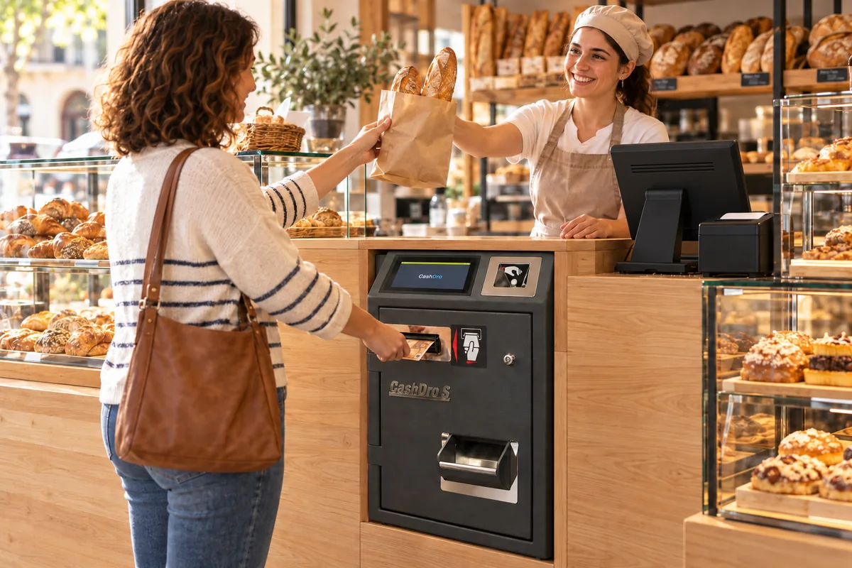 CashDro S en una panadería: ejemplo ilustrativo generado con IA