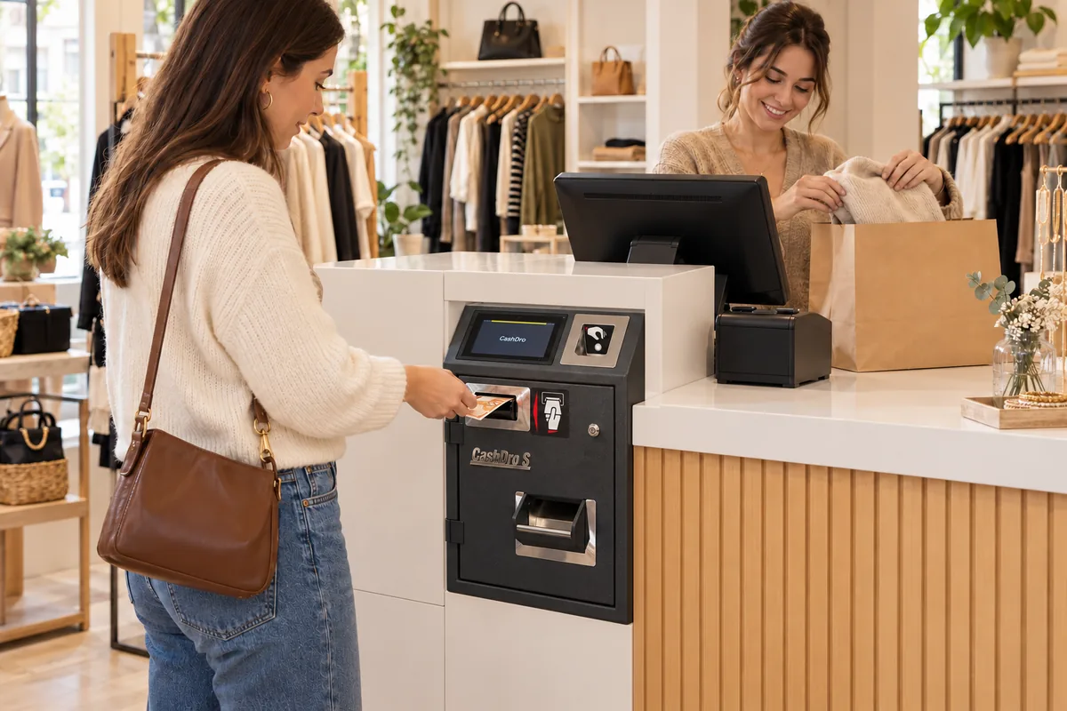 CashDro S en tienda de ropa: ejemplo ilustrativo generado con IA